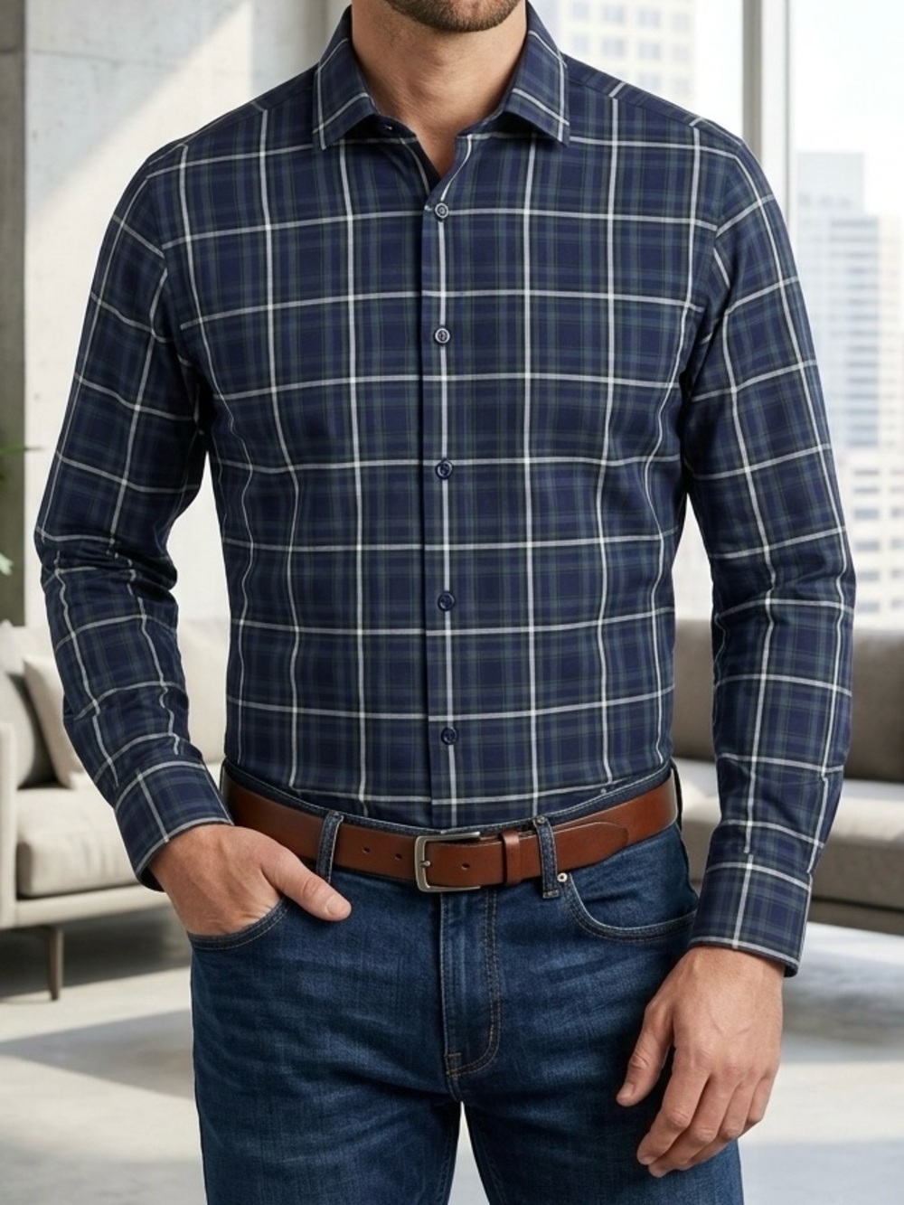 Murano Navy and White Plaid Long-Sleeve Button-Down Shirt